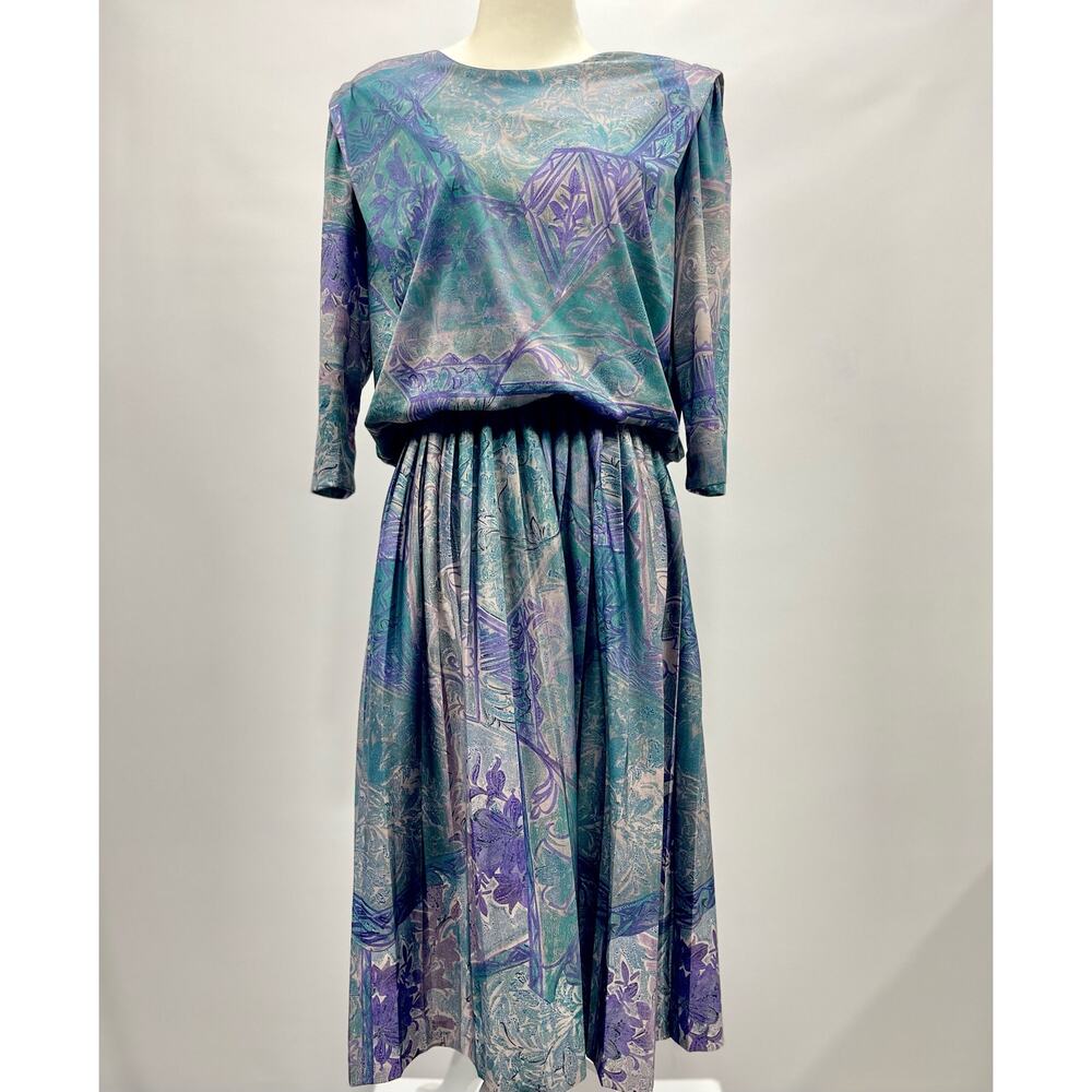 Vintage 80s‎ M.C.S. Teal Purple Abstract Watercolor Midi Dress w/Shoulder Pads